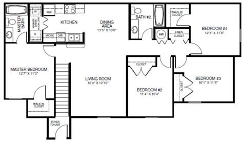 Floor plan for 4 beds, 2 baths, 1305 sqft